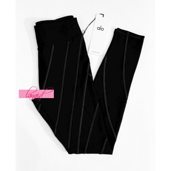 Alo Alosoft High-Waist Sunray Leggings Black White Hi-Rise Waisted Skinny Pants - Picture 9 of 15